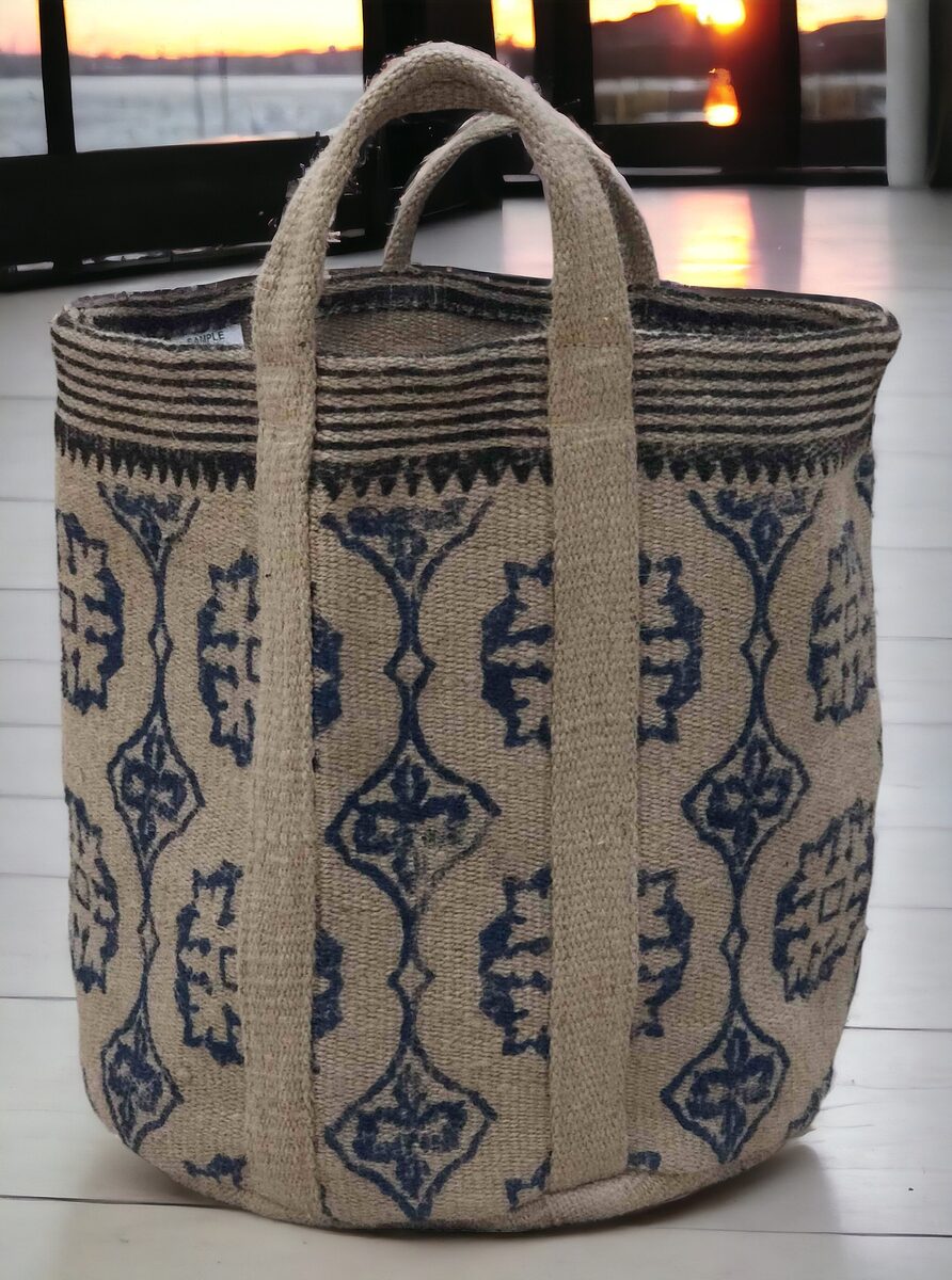Blue block printed bucket bag