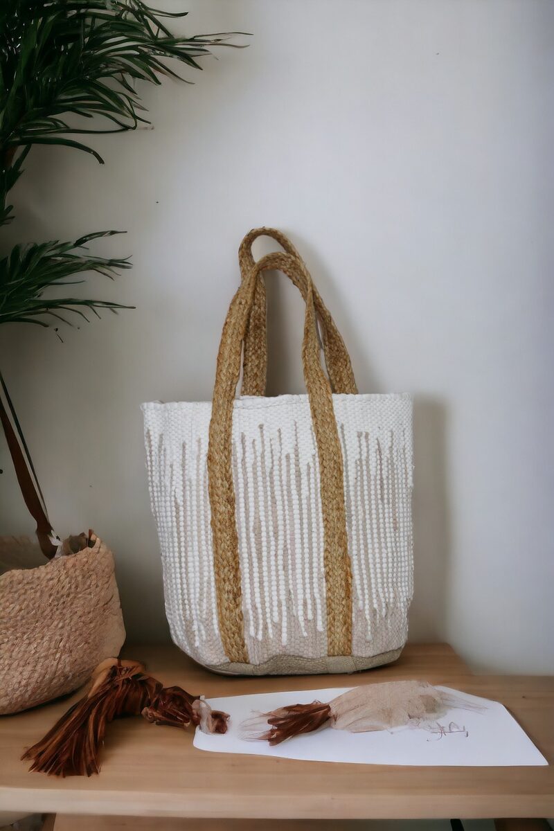 White and gold striped tote bag