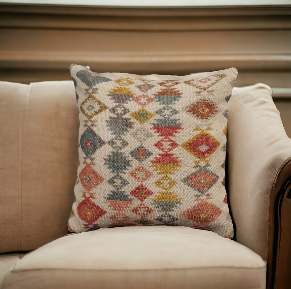 Multicolour kilim cushion cover on a cream sofa