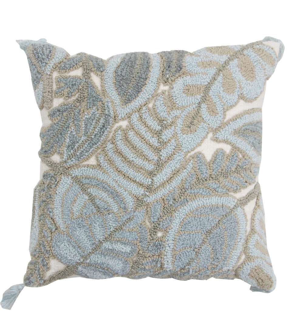Blue and grey embroidered leaf cushion cover