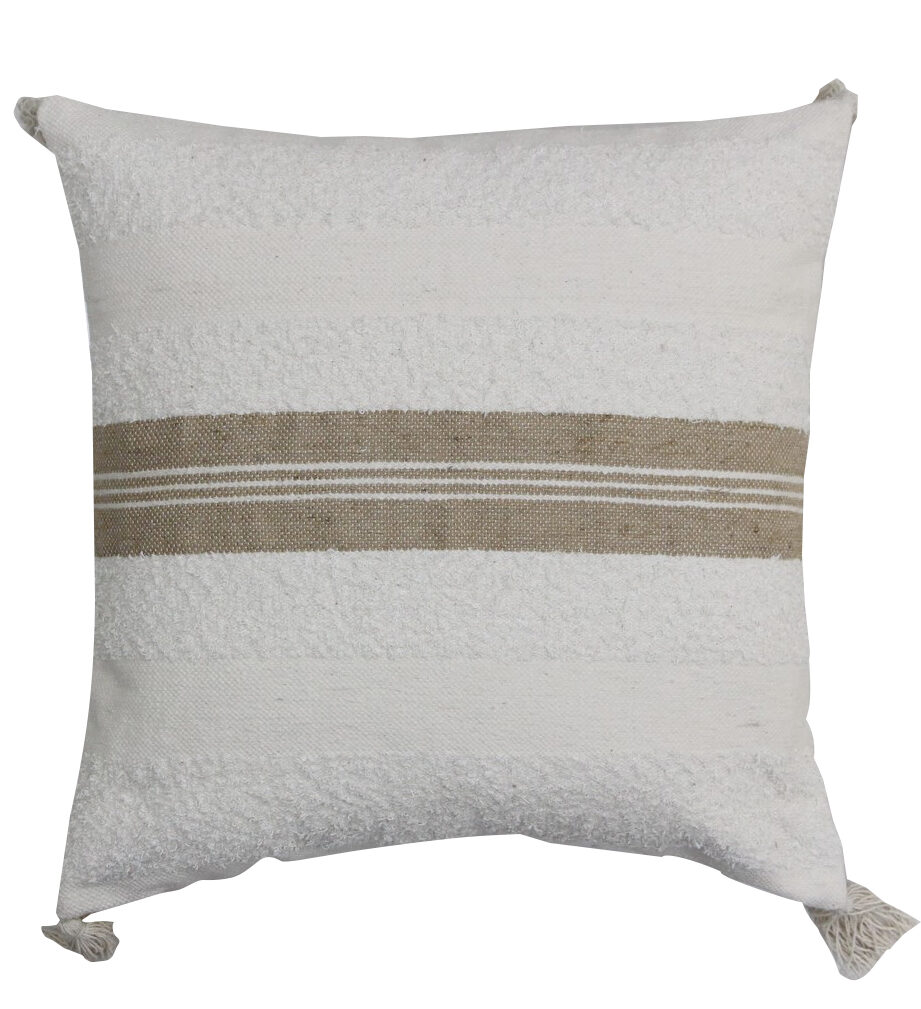 White and tan striped cushion cover with tassels