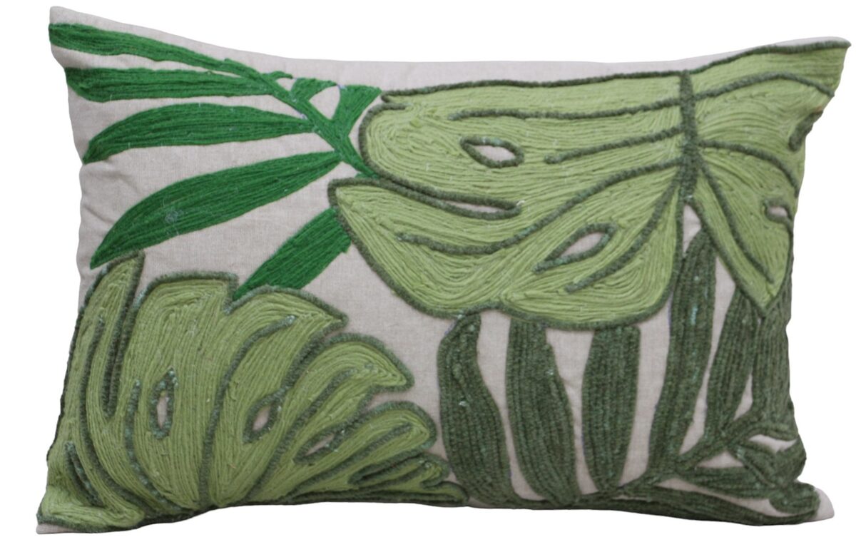 Green palm leaf embroidered lumbar cushion cover