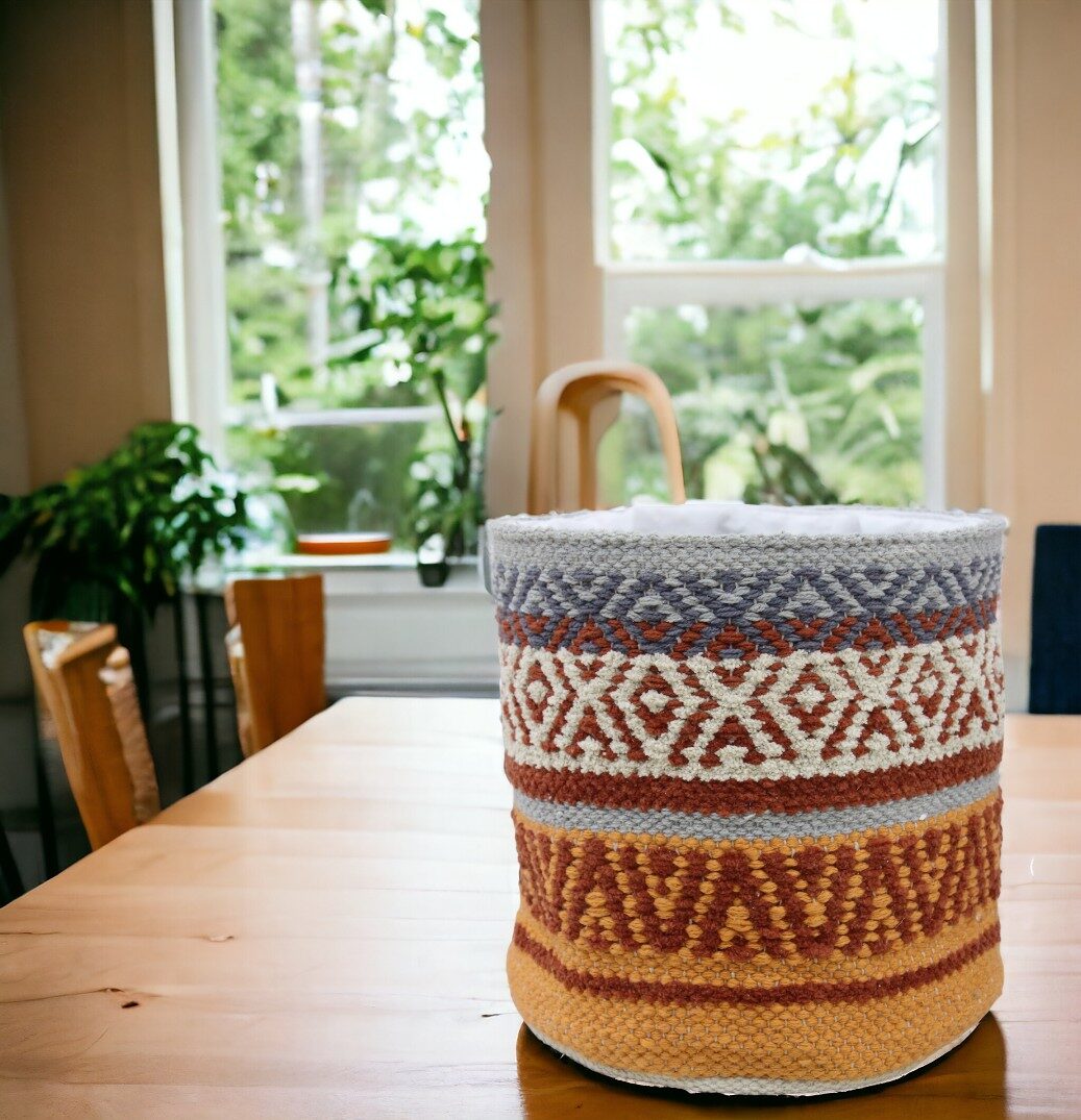 Patterned woven planter on a table