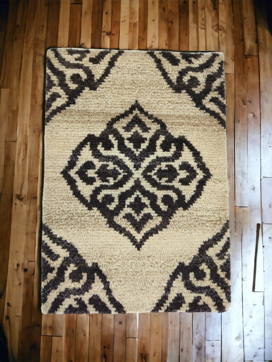 Black and natural damask pattern rug