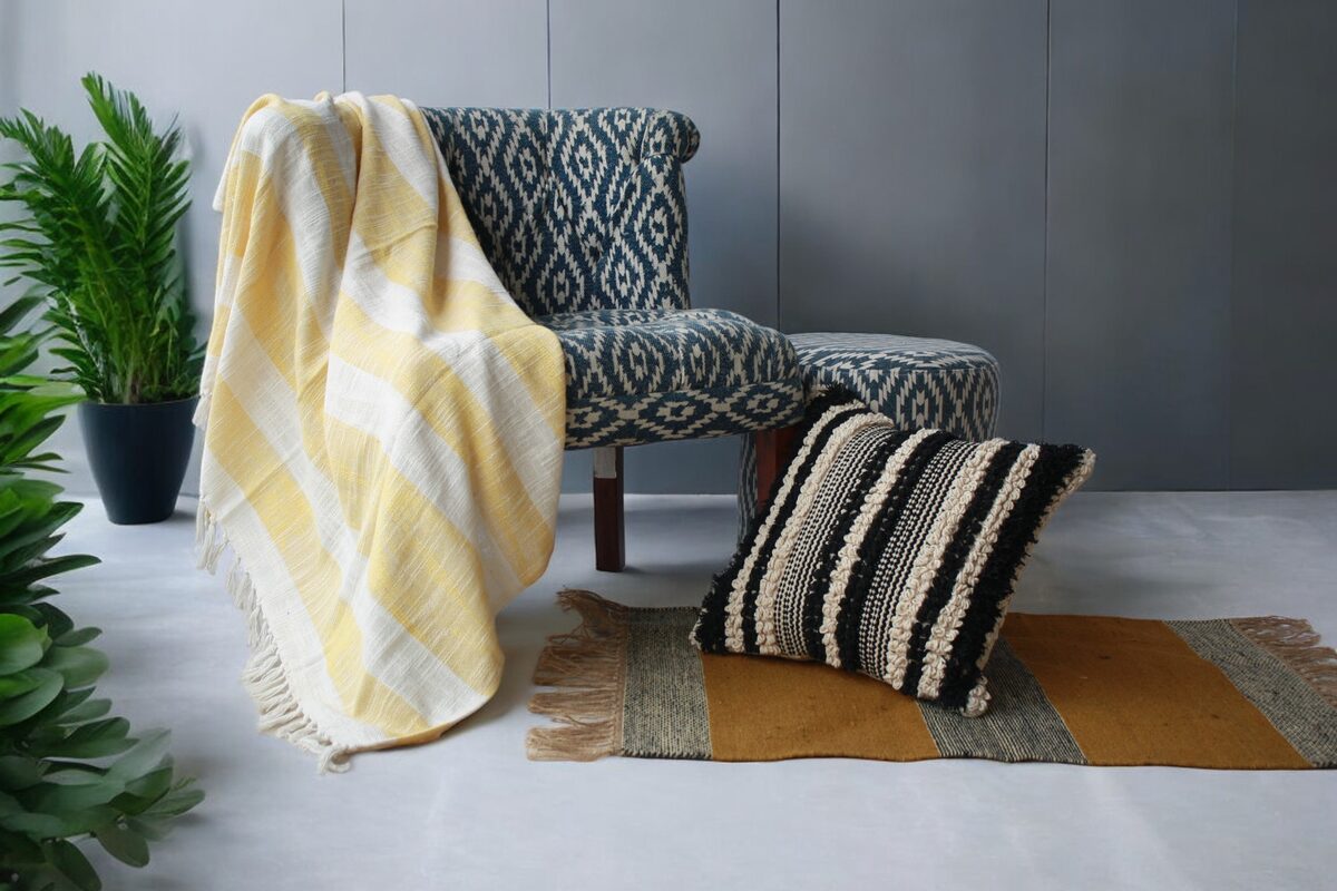 Yellow diamond weave throw with cushions
