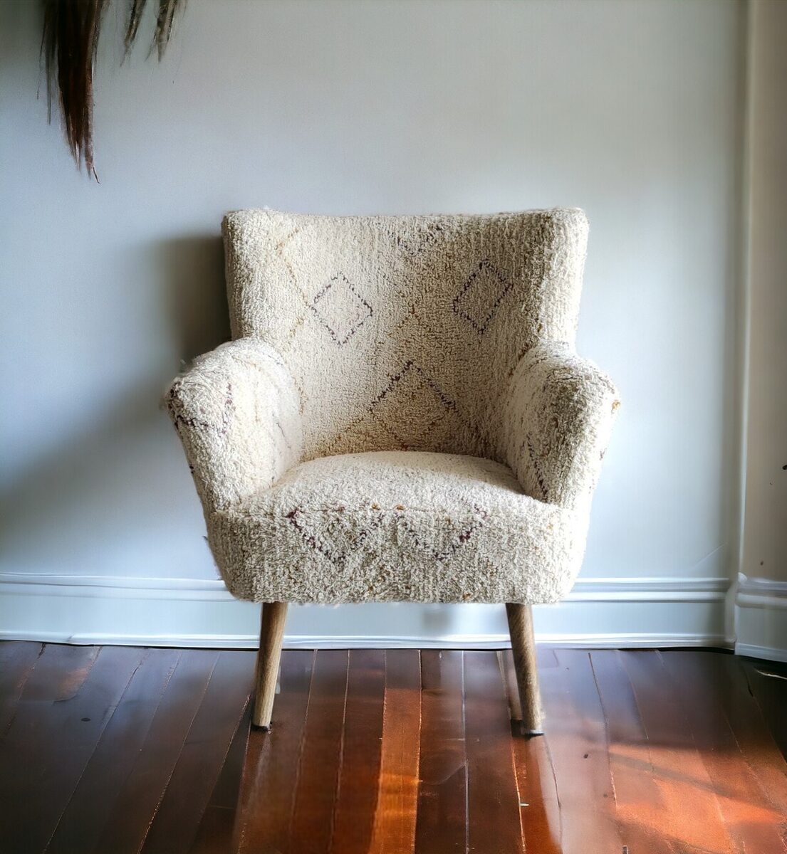 Armchair upholstered in cream kilim fabric