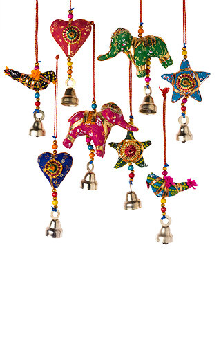 Decorative hangings with embroidered motifs and bells