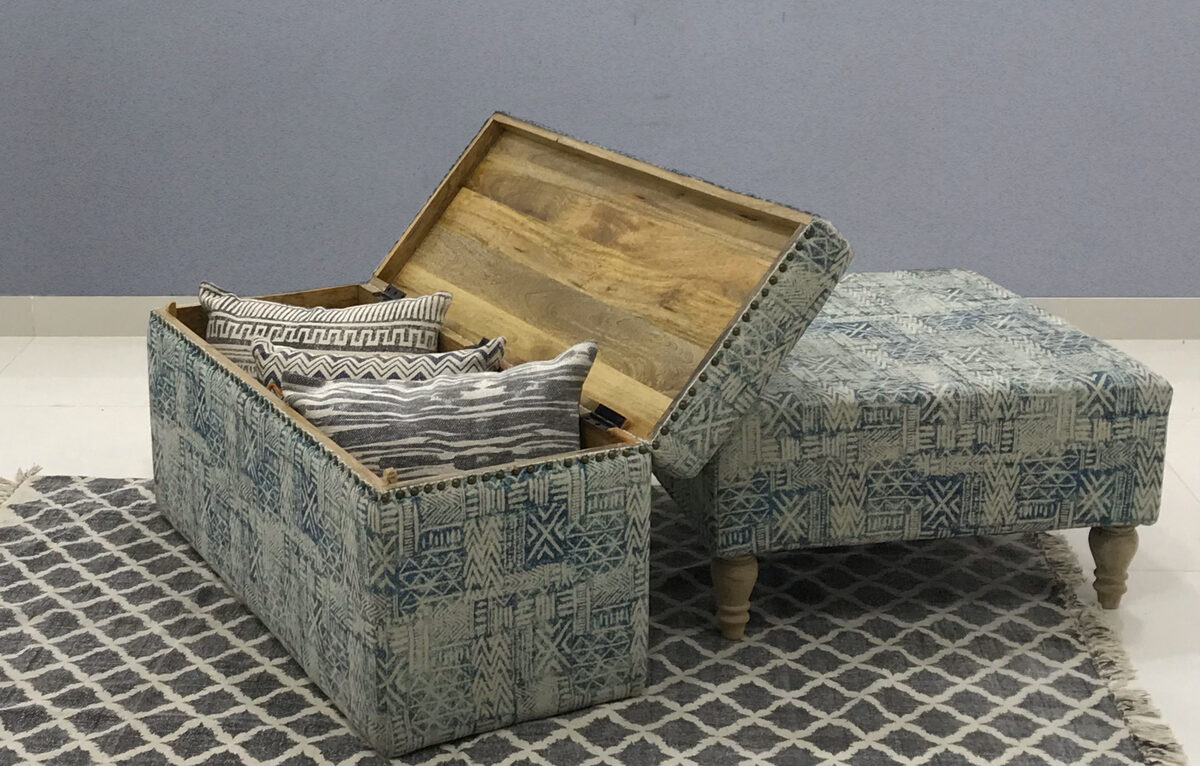 Storage trunks upholstered in printed kilim fabric