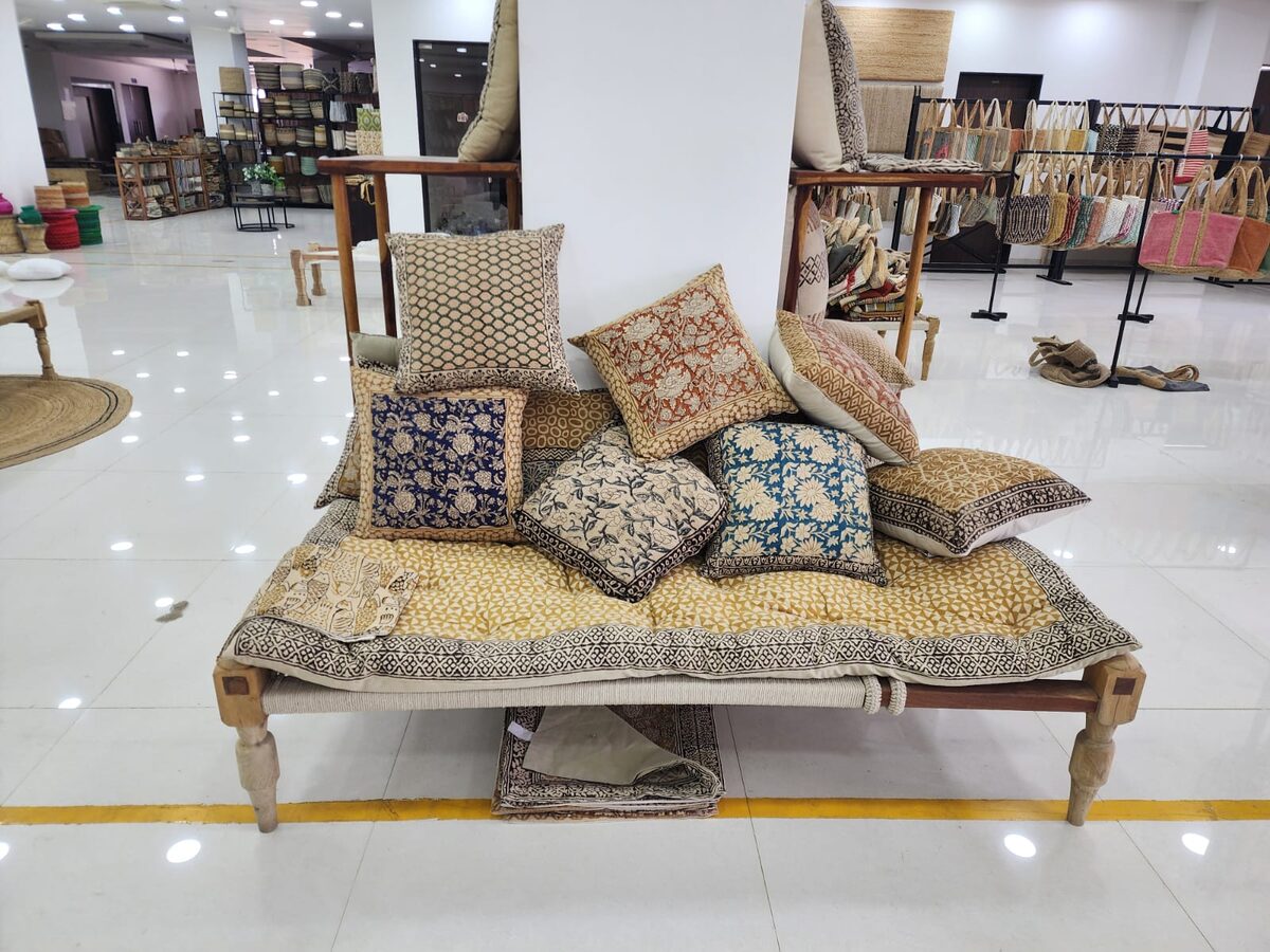 Daybed styled with kilim cushions in the showroom