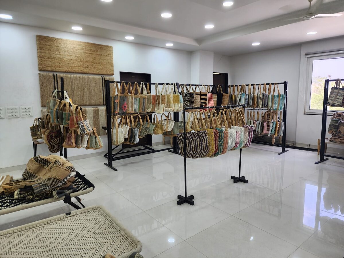 Sample racks across the showroom floor