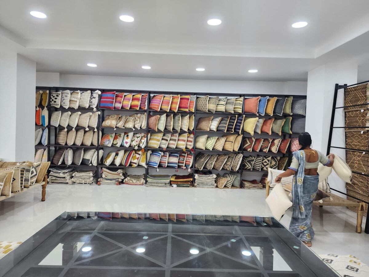 Wall of fabric samples in the showroom